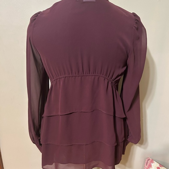 Allen B. by Allen Schwartz Women Maroon Sheer Long Sleeve Tiered Back  Blouse S - Picture 5 of 11